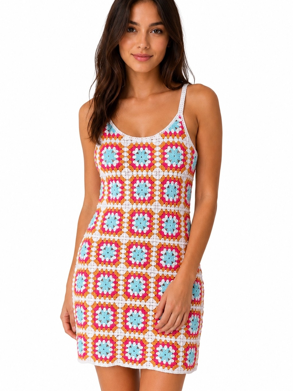 Willow & Wind Crochet Granny Square Mini Dress Size Small Lined Boho festival